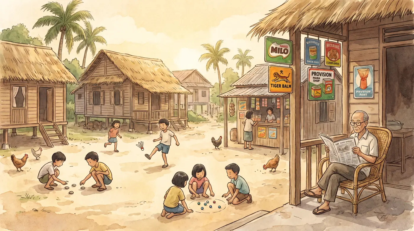 Painted kampong village with children playing traditional games